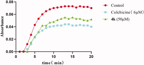 Figure 4. Effect of Colchicine (6 μM) and 4k (50 μM) on tubulin polymerisation.