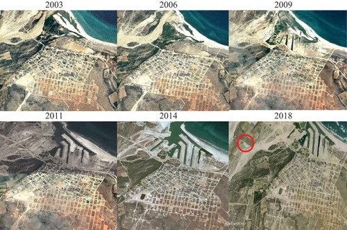 Figure 1. Littoral modifications in La Ribera, Baja California Sur (East Cape), 2003–2018 (Google, Citation2019).