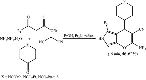 Scheme 26. Four-component synthesis of pyrano[2,3-c]pyrazole using saturated heterocyclic ketones.