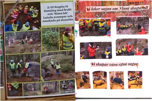 Figure 2. Representative displays of outdoor photographs at: (a) a multi-ethnic preschool class (left), (b) a preschool class with children with guardians mainly born in Sweden (right).