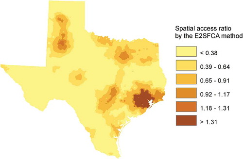 Figure 3. Geographic access to oncologists in Texas, 2000. (Note: The map was obtained and modified from Wan et al. (Citation2012b) with removal of health district boundaries for better visual effect in the map. The map is reprinted with permission from Elsevier. A higher value of spatial access ratio means better accessibility; E2SFCA—Enhanced Two-Step Floating Catchment area method (Wan et al. Citation2012b).)