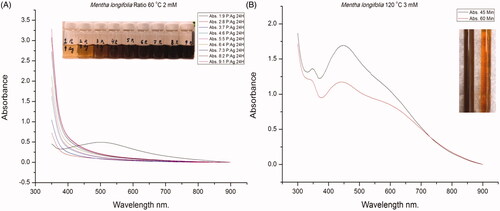 Figure 4. (a) UV-Visible spectrum of the different concentrations of reactants; (b) UV-Visible spectrum representing the biogenesis of SNPs under optimised physicochemical reaction conditions.