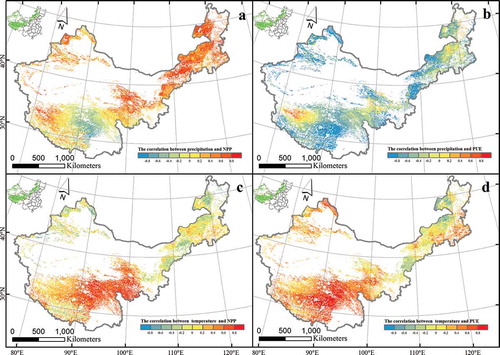 Figure 3. Responses of NPP and PUE to variation of precipitation and temperature across China’s grasslands. Graphs a and b represent variations NPP and PUE with precipitation, respectively. Graphs c and d represent NPP and PUE with temperature, respectively.