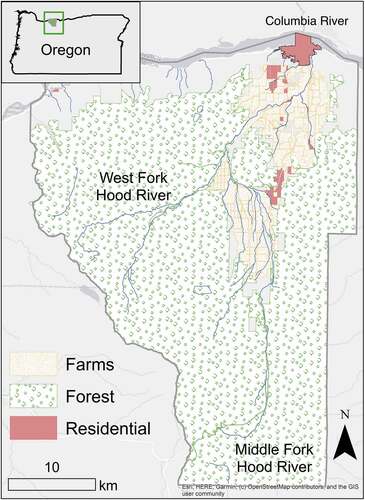 Figure 1. Hood River county, showing city limits and designated farm and residential zones.