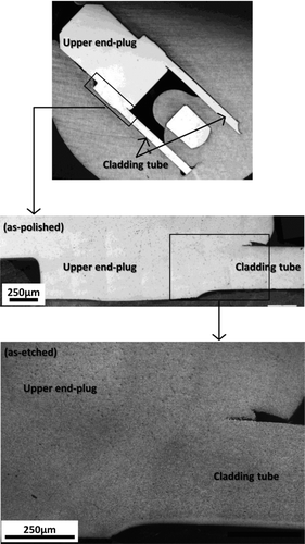 Figure 9 Optical micrographs of 9Cr-ODS cladding fuel pin (X46) irradiated in VS424E (vicinity of the welded section of upper end-plug by PRW method)