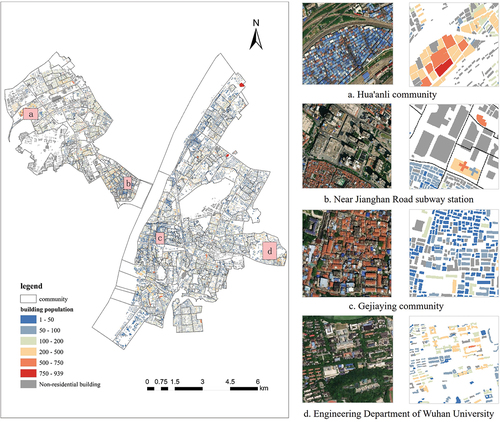Figure 6. Population estimation results of DEFF method at the building scale. (a)-(d) Comparison of the real remote sensing imageries with the estimated population results at the building scale in four typical communities.