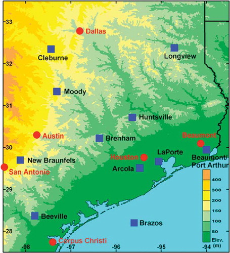 Figure 1. Radar wind profiler locations (blue squares) and major cities (red circles) in eastern Texas during the TexAQS II field campaign. Color shading shows terrain elevation (CitationWilczak et al., 2009). (Color figure available online).