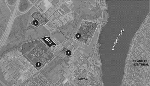 Figure 4. Site of the Laval IHC located adjacently to a road that connects several provincial and federal correctional facilities. Site 1 is the site of the existing Laval IHC in operation. Site 2 is the Leclerc Provincial Prison for women. Sites 3 and 4 are the Federal Training Centre, a maximum and minimum security prison.