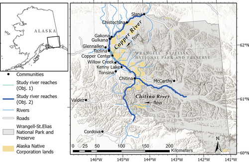 Figure 1. Study area map within the Copper River Basin of Southcentral Alaska showing Copper River and tributaries, study reaches, nearby communities, roads, boundaries of Wrangell–St. Elias National Park and Preserve, and Alaska Native Corporation lands within those boundaries. Land status from Bureau of Land Management and Alaska Department of Natural Resources and topography from Esri, FAO, NOAA, USGS.