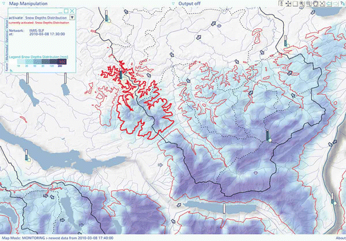 Fig. A1 Map example showing real-time monitoring of snow depth distribution, 0°C-isotherms, lake levels, groundwater levels, air humidity, 24-h precipitation sums and streamflow (as arrows; see text for explanation).