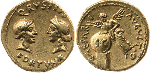 Figure 2. Double depiction of Fortuna on obverse, and Victoria on the Reverse, Aureus of the reign of Augustus, © the Trustees of the British Museum, No. 18641128.25.8