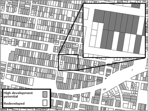 Figure 2. A suburb of Melbourne showing all subdivisions, the pervasiveness of high redevelopment potential (in grey) and an inset illustrating the potential for lot-consolidation. Source: Authors.