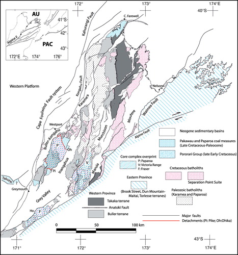 Figure 1 Regional tectonic map showing the distribution of outcropping, fault-bounded metamorphic and igneous units in the northern South Island, west of the Alpine Fault. Compiled from Nathan et al. (Citation1986), Rattenbury et al. (Citation1998, Citation2006) and Beggs et al. (Citation2008).