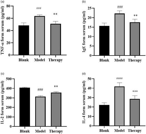 Figure 11. ELISA results. (a) TNF-α. (b) IgE. (c) IL-2. (d) IL-4 ####p < 0.0001, ###p < 0.001 versus blank group; **p < 0.01, ***p < 0.001 versus model group.