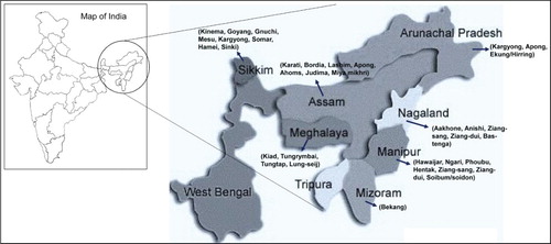 Figure 1. Map of India showing the Seven Sister states of northeast India and their specific fermented foods.