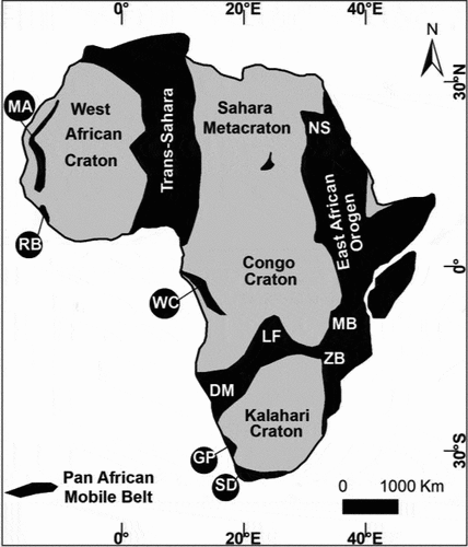 Figure 1. Cratons and Pan African mobile belts in Africa (Modified after Powell et al., Citation1990; Unrug, Citation1997). DM – Damara, GP – Gariep, LF – Lufillian Fold Belt, MA – Mauretanides, NS – Nubian Shield, MB – Mozambique Belt, RB – Rokelides Belt, SD – Saldania, WC – West Congo Belt, ZB – Zambezi Belt.