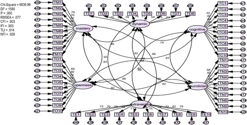 Figure 1. Results of the confirmatory factor analysis of the model adopted for the relationship of the scale items to its dimensions.