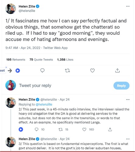 Figure 15. A snippet of a Twitter thread of original tweets by Helen Zille.