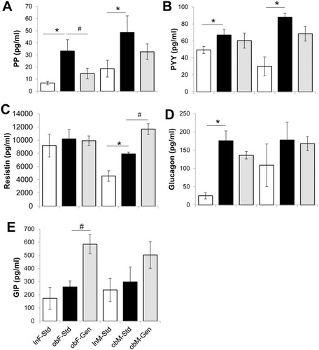 Figure 3 Effect of genistein on serum markers of metabolism. (A) PP. Pancreatic polypeptide, PP, levels were significantly elevated in the ob/ob control groups. Genistein diet reversed this in females. (B) PYY. Peptide YY, PYY, levels were significantly elevated in the ob/ob control groups. Genistein had no effect. (C) Resistin. Resistin levels were comparable in all female groups. In males, resistin levels were significantly elevated in the ob/ob controls, and genistein diet further increased this. (D) Glucagon. Glucagon levels were significantly elevated in the ob/ob control females. Genistein had no effect. Glucagon levels were comparable in all male groups. (E) GIP. GIP levels were unchanged in the ob/ob groups versus lean controls. Genistein diet further increased GIP in ob/ob females. Lean mice fed standard-diet (gray bar), ob/ob mice fed standard-diet (open bar), and ob/ob mice fed genistein-diet (solid bar). n=6–7. Values are mean ± SEM *denotes significant difference to leans P<0.05 and #denotes significant genistein mediated effect P<0.05.