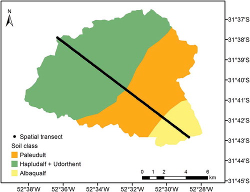 Figure 4. Main soil types in the FRB-PC and the 15 km spatial transect established for soil sampling.