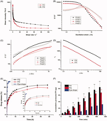 Figure 2. (A) Flow curves showing the effect of shear rate sweep on viscosity of the LC gels. (B) Rheological profiles of LC gels were evaluated by strain sweep at 0.01–100%. (C) Viscous and elastic moduli dependence upon oscillation frequency for LC gels. (D) The complex viscosity of LC gels at 37 ± 0.5 °C as a function of angular frequency. (E) The cumulative release profiles of PN from different formulations. The inset panel exhibits the drug release flux graph. (F) Ex vivo transcorneal permeation profiles of PN from LC gels and eye drops using fresh rabbit corneas. Data are reported as mean ± SD of n = 3. *p<.05, statistically significant compared with eye drops. **p<.01, compared with eye drops.