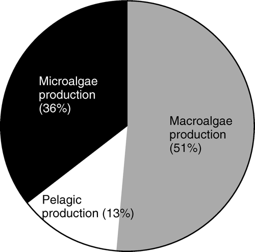 Figure 32.  The relative contribution of the respective primary producers to system production integrating areas having <30 m water depth in Young Sound (NE Greenland). The pelagic production expresses gross rate while the benthic compartments are net rates. An insignificant contribution from sea-ice algae has been ignored (data from Glud et al. Citation2002).