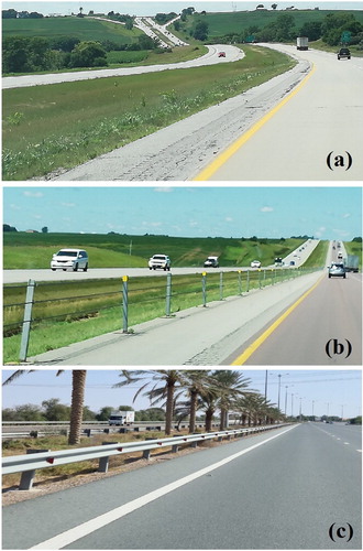 Figure 1. (a) Hazard-free median in Illinois, USA, (b) Cable barrier installed on one side of a hazard-free median in Illinois, USA, and (c) W-beam guardrail installed on both sides of a hazard-populated median in the UAE.