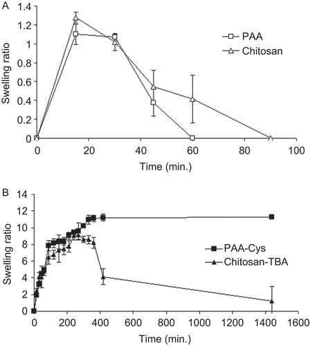 Figure 1.  Comparison of the swelling behavior of unmodified tablets (a) and thiolated tablets (b) incubated in simulated gastric fluid pH 1.2 at 37°C. (Indicated values are the means of three experiments ± SD.).
