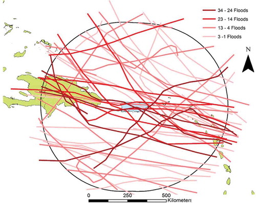 Figure 14. Tracks of the TCs associated with extreme flood peaks (99th percentile) over Puerto Rico.