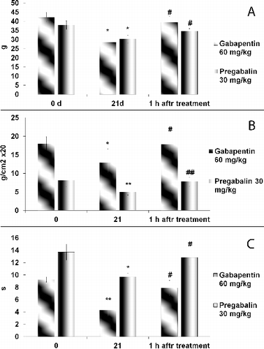 Figure 3. Effects of gabapentin and pregabalin on mechanical (A, B) and thermal (C) hyperalgesia in rat model of STZ-induced diabetic neuropathy.