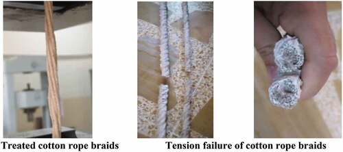 Figure 2. Tensile test of epoxy treated cotton rope braids.