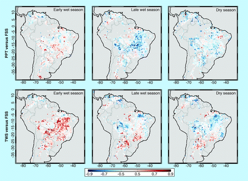 Figure 8.  The relationship between fire season severity and the precipitation or terrestrial water storage within the early wet season, late wet season or dry season during 2001–2011 period (2003–2011 for terrestrial water storage).FSS is the sum of Terra Moderate resolution Imaging Spectroradiometer active fire counts during the period from 3 months before the PFM to 4 months after PFM. The early wet season, late wet season and dry season were defined as the 3-month periods centered at 8, 5 and 2 months before PFM, respectively. The axes labels denote latitude (degrees north) and longitude (degrees east). The color bar denotes the magnitude and sign of the correlation coefficient (r).FSS: Fire season severity; PFM: Peak fire month; PPT: Precipitation; TWS: Terrestrial water storage.