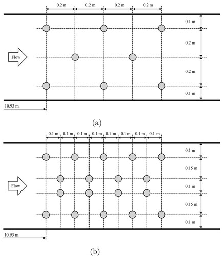 Figure 19. Placement of poles for tsunami with driftwood against tide protection forest. (a) 8 poles and (b) 18 poles.