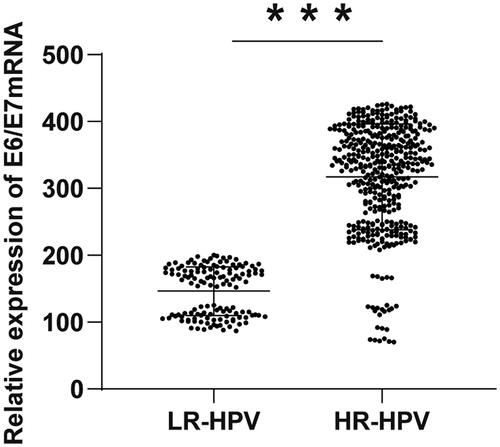 Figure 1. Oncogene (E6/E7) was highly expressed in HR-HPV-infected patients. The difference in E6/E7 mRNA expression pattern between LR-HPV (n = 132) and HR-HPV (n = 416) infected patients. The t-test was used to compare the data between the two groups, ***p < 0.001.
