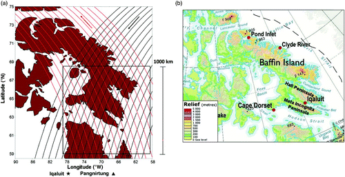 Fig. 1 (a) Illustrative example of 34 A-Train ground tracks to fall within a 1000 × 1000 km boxed region surrounding Iqaluit, Nunavut. Morning orbits (utc) are identified in red and afternoon orbits are identified in black. Arrows at the top represent the direction of the corresponding orbit. The spatial scale is shown by the bar on the right hand-side of the diagram. (b) Overview of the southern Baffin Island region with key landmarks identified (adapted with the permission of Natural Resources Canada, courtesy of the Atlas of Canada).