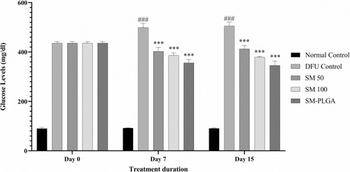 Figure 7 Effect of SM-PLGA nanosuspension on fasting blood glucose in HFD + STZ-induced Type-II diabetic rats. Data represented as mean ± SEM, n=6. ###p<0.001 when compared with NC. ***p<0.001 when compared with the DFU. Samples were analysed by two-way ANOVA with Bonferroni post-hoc test.