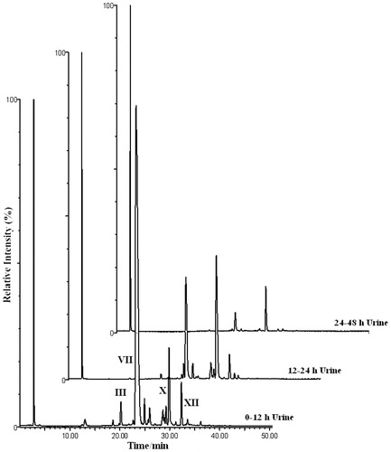 Figure 1. HPLC-ICPMS profiles (79Br & 81Br, TIC) of urine from a rat dosed at 50 mg kg−1 with 4-bromoaniline. See Tables 4 and 5 and Figure 6 for key to peak identities and structures.