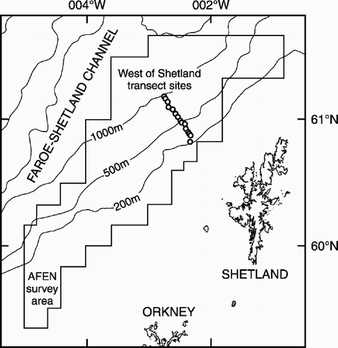 Figure 1. Chart of the West Shetland Slope area showing the locations of the transect study sites and the extent of the AFEN 1996 survey area.