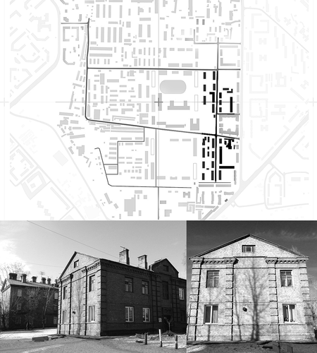 Figure 3. Military Camp: the map of the overall site (light grey) and the current residential (dark grey) areas. The photographs reflect the site’s current appearance. (Photos and map: Daria Belova).