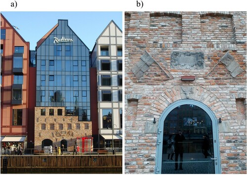 Figure 7. a) Front façade of the Woli Łeb granary on Wyspa Spichrzów, Gdańsk, b) Close-up of the relief of the flags and the cartouche. Source: A. Taraszkiewicz, own materials, 2020