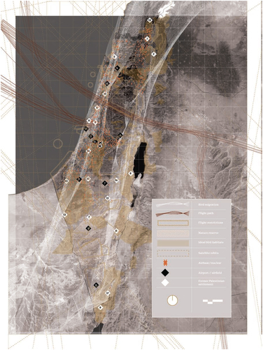 Figure 6. Aerial Israel/Palestine: Mapping and Reframing Bird Migration and Habitats, Flight Paths and Restrictions, Nature Reserves, Satellite Orbits, Airbases and Nuclear Facilities, Airports and Airfields, and Erased Palestinian Settlements. Credit: Harrison Lane, Carleton M.Arch Student.
