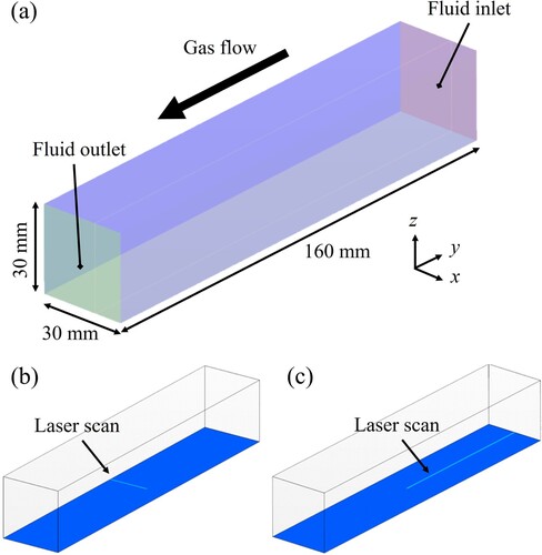 Figure 2. Calculation model for fluid flow simulation. (a) Definition of model dimensions, coordinate axes, and gas flow direction. The bottom of the model is the upper surface of the fabricating object. Laser irradiation raises the surface temperature of the object (see Figure 3), causing evaporation and heating of the gas phase by heat transfer. The laser was scanned in (b) the x- and (c) y-directions on the bottom side of the model (object surface).