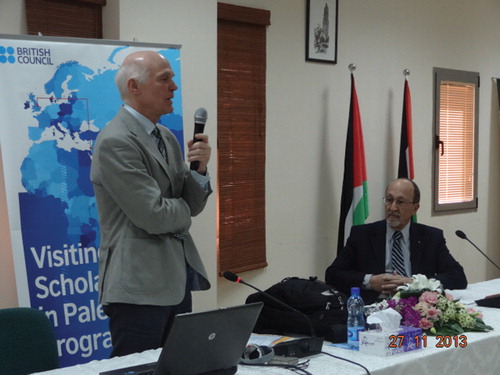 Prof. Wade and Dr. Khassis at the 2013 Yusuf A. Sayigh Development Lecture (co-sponsored by the VSP programme), MAS, Ramallah, 27 November 2013