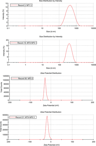 Figure 2.  (A) Size distribution of nanoparticles (B) Size distribution of methotrexate-pectin nanoparticles (C) Zeta potential distribution of NP (D) Zeta potential distribution of methotrexate-pectin nanoparticles.