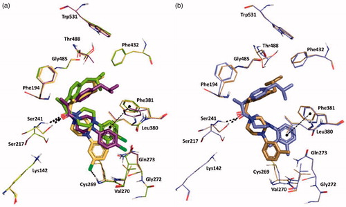 Figure 3. Superposition between the lowest emodel binding mode of (S)-piperazinoarylamides: (a) 19, 20 and 21 depicted as yellow, purple and dark-green sticks, respectively; (b) 25 and 26 dysplayed as brown and violet sticks, respectively. rFAAH key residues involved in ligand interactions are displayed as lines coloured relatively as the interacting ligand. Hydrogen bond interactions and T-shaped π-π stacking interaction detected by Maestro 11.1 are shown as dashed black lines. Globally, the substitution of a chorine atom to the phenyl ring (compound 19) allows an Hbond interaction with Cys269. The addition of a one more methyl group on the aromatic ring (amide 26) does not affect the binding mode of the two ligands, except for the phenyl ring itself that in the case of amide 26 is slightly oriented toward the Phe381 residue engaging one T-shape π-π stacking interaction.