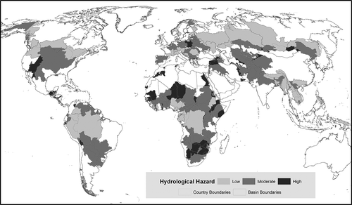 Figure 4. Ranking of hydrological hazard, defined by current runoff variability regimes combined with increases in runoff variability in 2050 as compared to 2000.