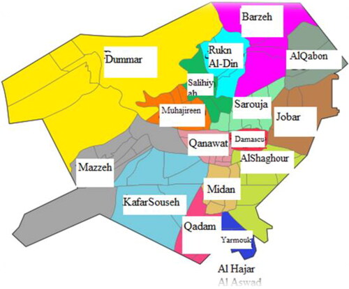 Map 1. Damascus city neighbourhoods. p. 8. Damascus Map, written by Samer Bakkour, clarifying the locations of Easter and Southern Damascus Neighbourhoods, 2023.