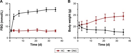 Figure 7 FBG (A) and body weight (B) changes in HC and DNC mice in the 5 weeks after STZ-injected treatment.Abbreviations: FBG, fasting blood glucose; DN, diabetic nephropathy; DNC, DN control; HC, healthy control; STZ, streptozotocin.