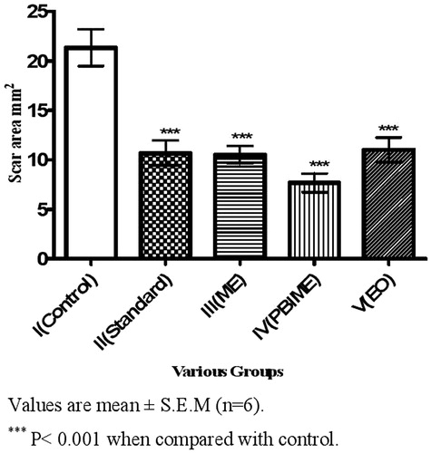 Figure 1. Effect of various extracts of S. robusta resin on the scar area of excision wounds in rats.