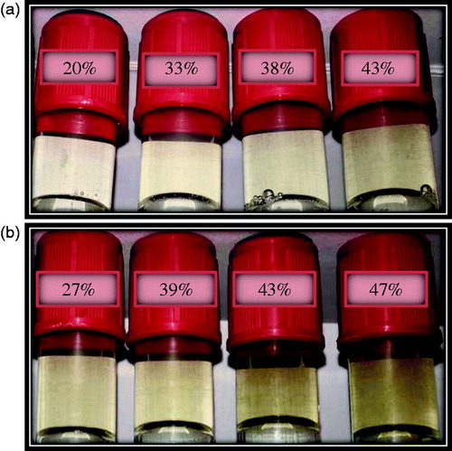 Figure 1. Composite nanoparticles colloidal prepared for 20 min at laser energy of : (a) 80 mJ with different iron oxide nanoparticles concentration; (b) 200 mJ with different iron oxide nanoparticles concentration.